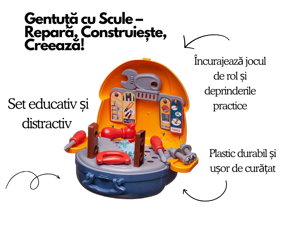 Set Cadou „Micul Meșter” – Ursuleț Personalizat & Gentuță cu Scule pentru Copii