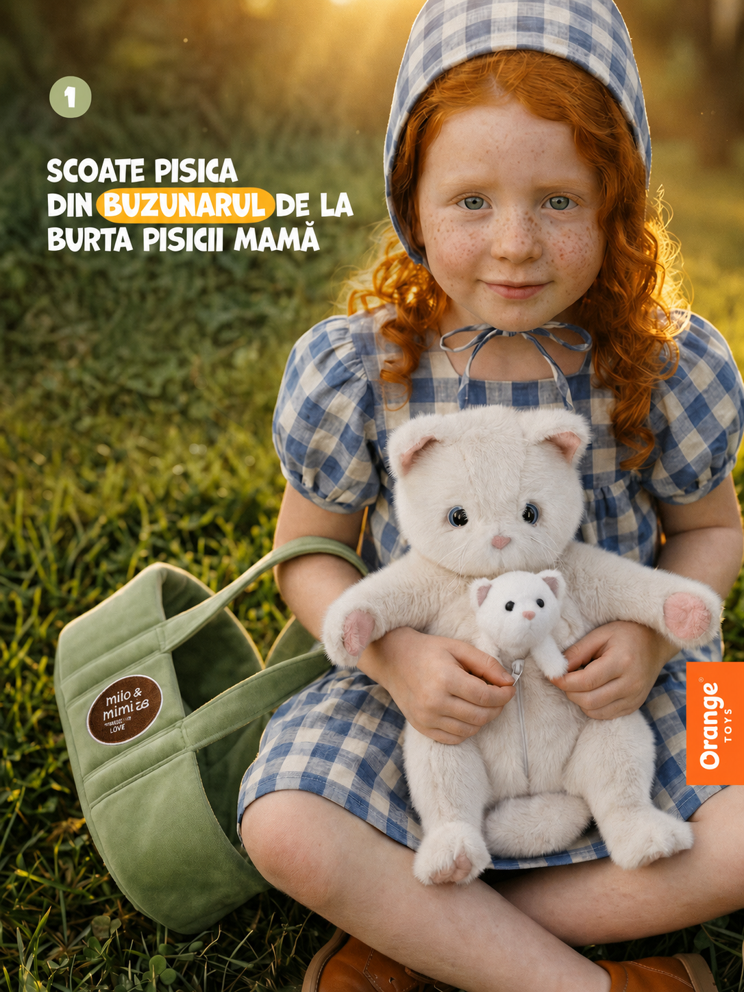 Millie – Pisică de pluș (40 cm) cu pui ascuns și geantă de transport Orange Toys