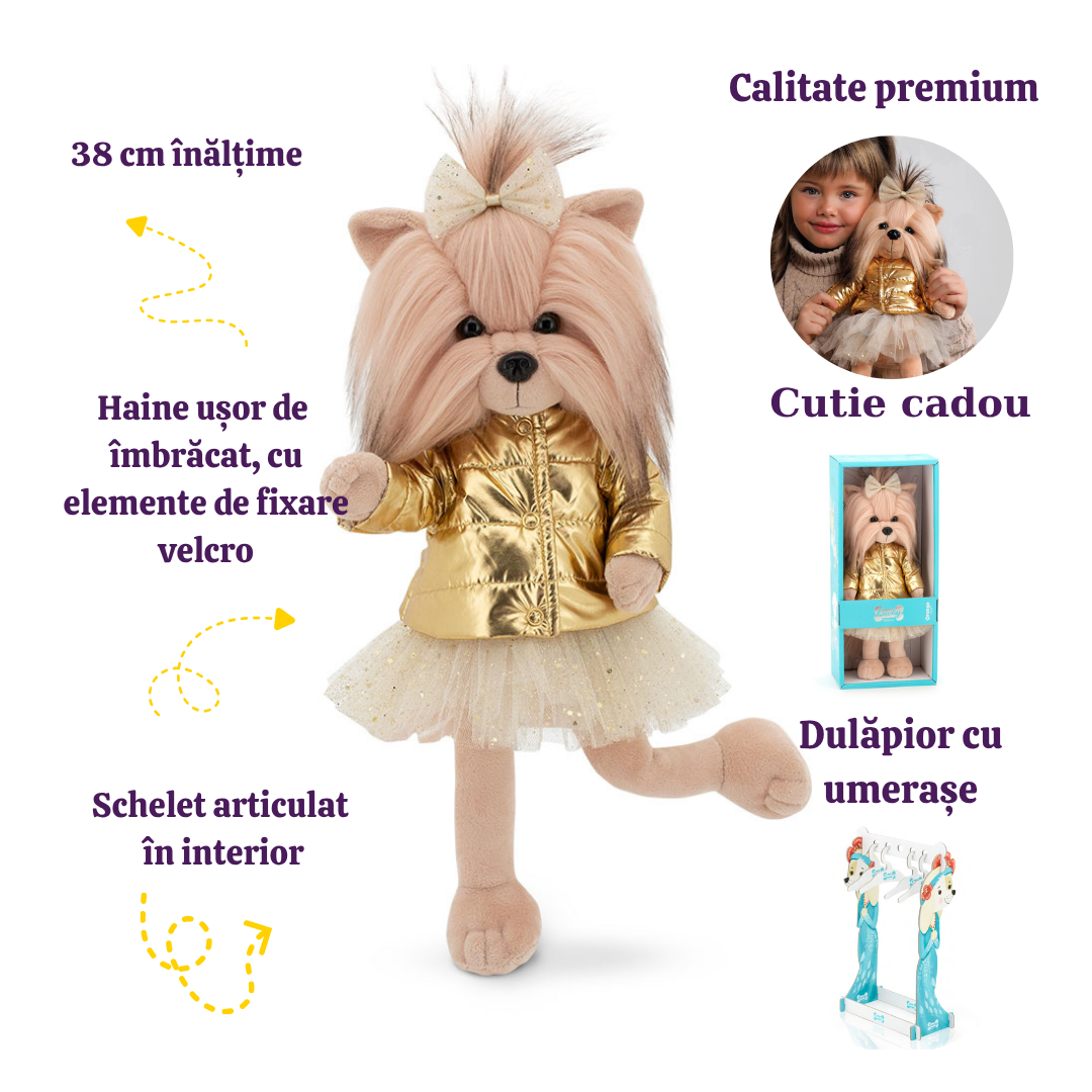 Lucky Yoyo cu Geacă Aurie – Căţeluşă de Pluş Premium Lucky Doggy
