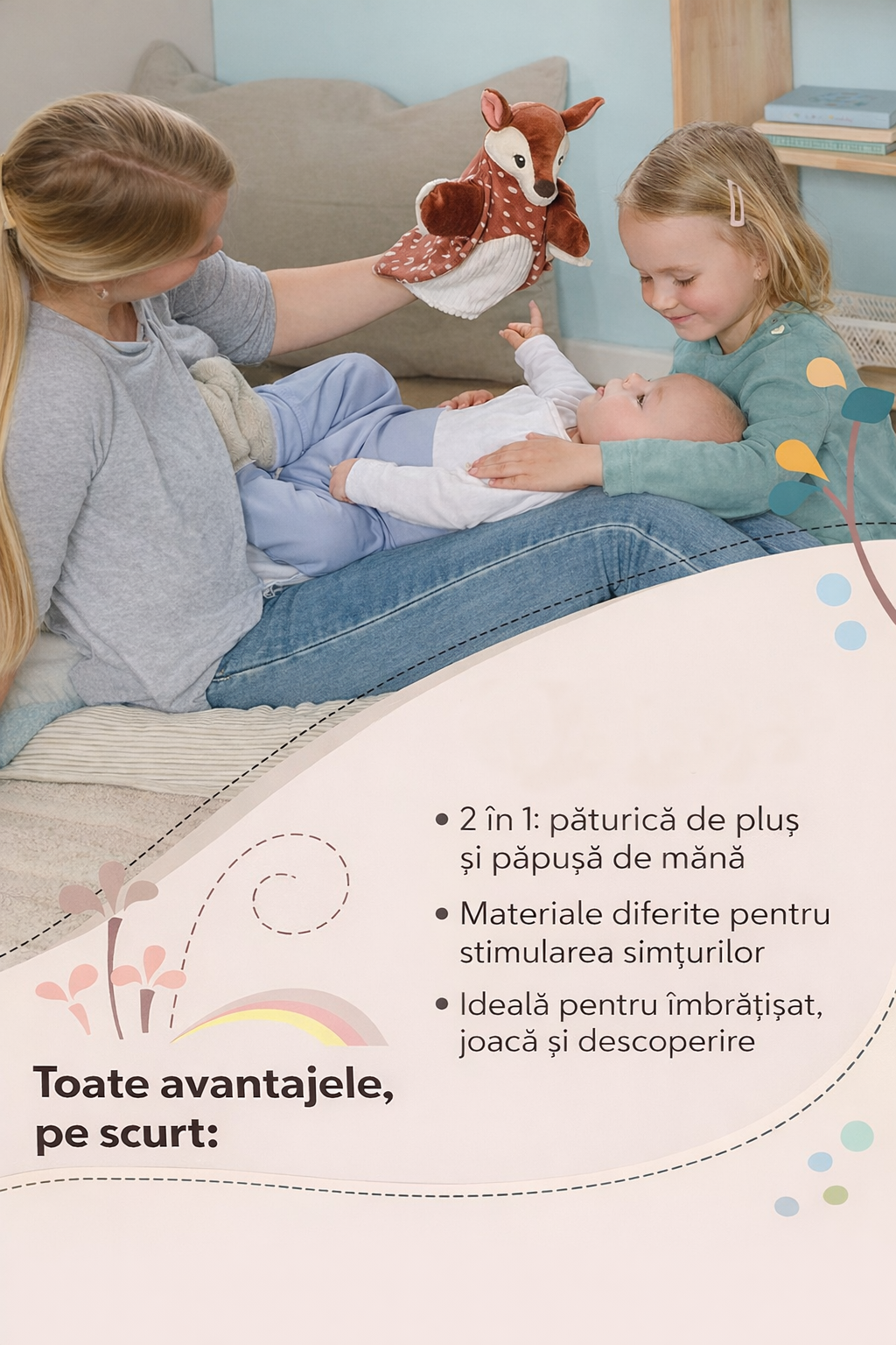 Căprioară 2 în 1 – Prima păturică de atașament cu jucărie de mână (0+)