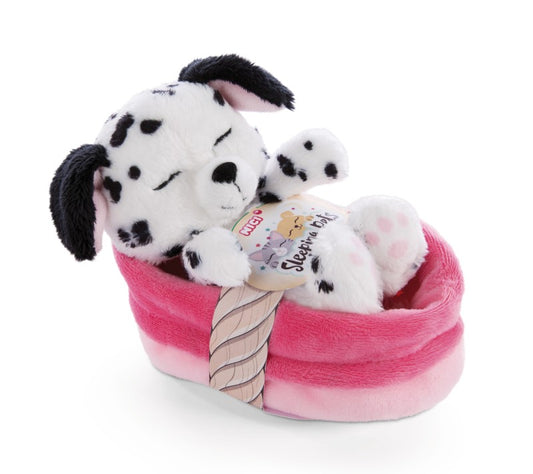 Cățeluș Dalmațian Pluș Premium în Coș Roz, 12 cm