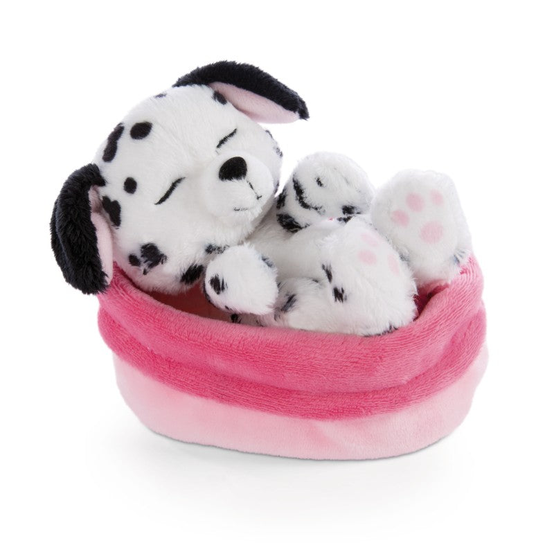 Cățeluș Dalmațian Pluș Premium în Coș Roz, 12 cm