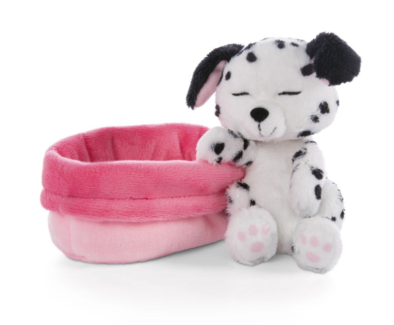 Cățeluș Dalmațian Pluș Premium în Coș Roz, 12 cm