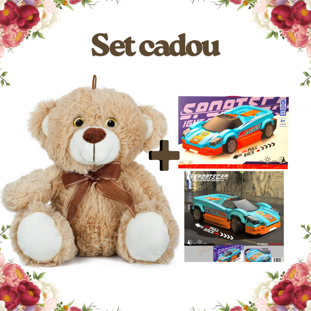 Set Cadou Băieți – Ursuleț Personalizat + Mașină de Construit cu Lumini și Sunete (192 piese)