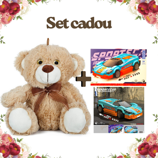Set Cadou Băieți – Ursuleț Personalizat + Mașină de Construit cu Lumini și Sunete (192 piese)
