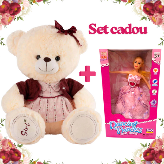 Set Cadou „Tandrețe și Magie” – Ursuleț Personalizat & Păpușă Dansatoare cu Lumină și Muzică