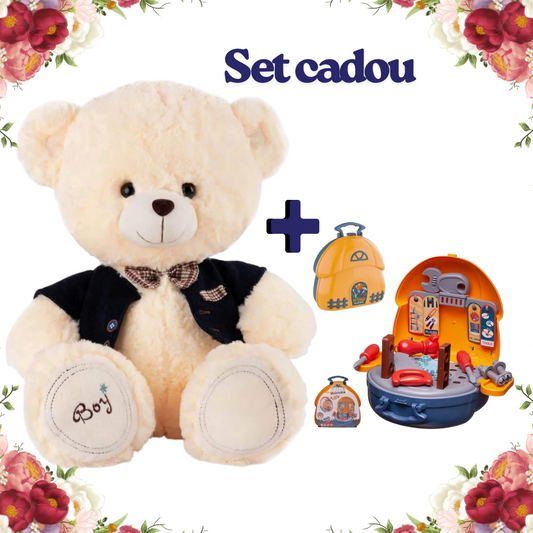 Set Cadou „Micul Meșter” – Ursuleț Personalizat & Gentuță cu Scule pentru Copii