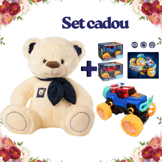 Set Cadou „Distracție și Îmbrățișări” – Ursuleț Personalizat & Mașină Muzicală cu Lumini