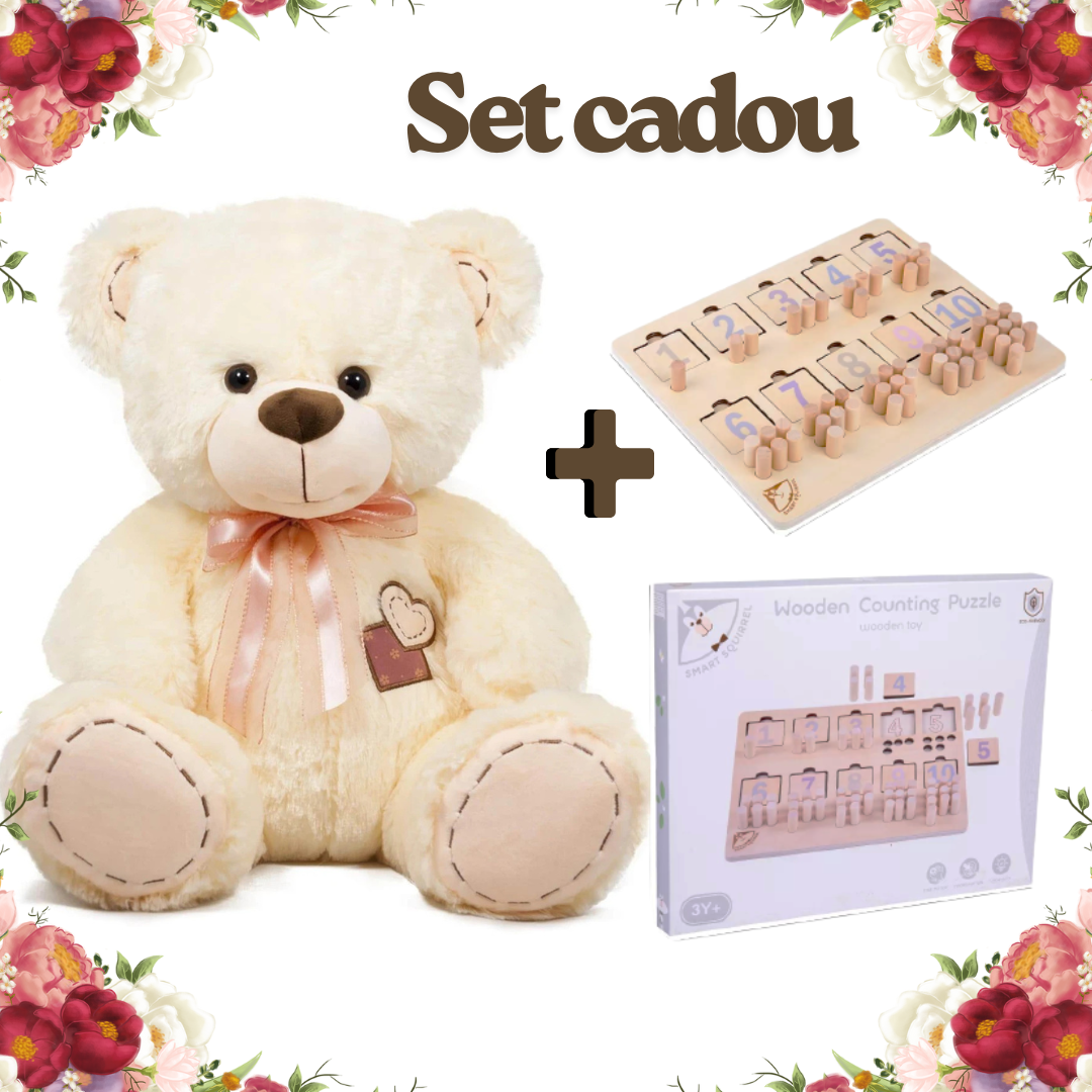Set Cadou „Emoții și Cifre” – Ursuleț personalizat cu Inimă Brodată & Puzzle Montessori