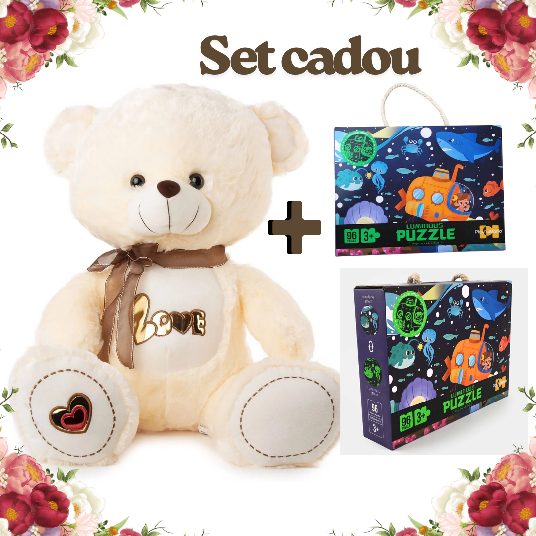 Set Cadou „Îmbrățișări și Aventuri” – Ursuleț Personalizat & Puzzle Fosforescent Ocean