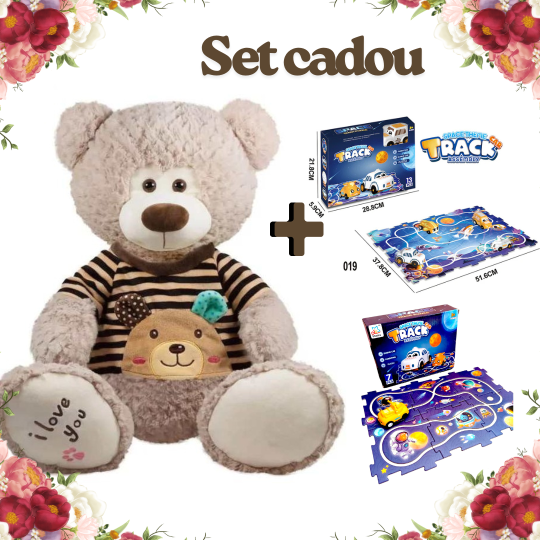 Set Cadou „Îmbrățișări și Aventuri Cosmonautice” – Ursuleț Personalizat & Puzzle Covoraș Mașini Cosmos