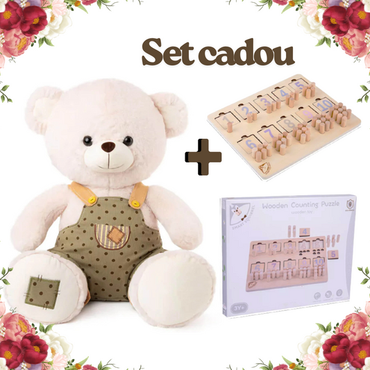 Set Cadou „Îmbrățișări și Cifre” – Ursuleț personalizat cu Salopetă & Puzzle Montessori din Lemn