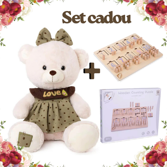 Set Cadou „Învață cu Dragoste” – Ursuleț Personalizat & Puzzle Montessori din Lemn