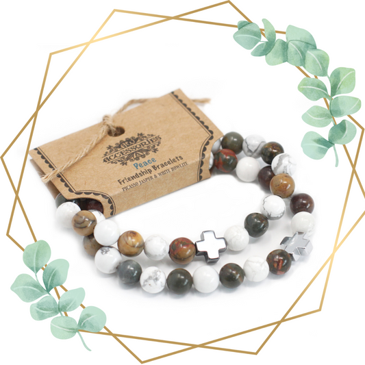Set 2 Brățări de Prietenie cu Pietre Pretioase - Pace - Jasp Picasso și Howlite Alb