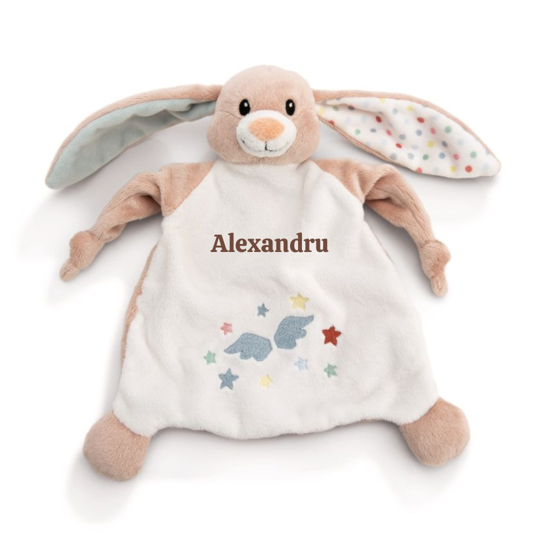 Jucarie Păturică Premium PERSONALIZATĂ, moale, pentru îmbrățișat- Iepurașul Fjella, 25 х 25 cm