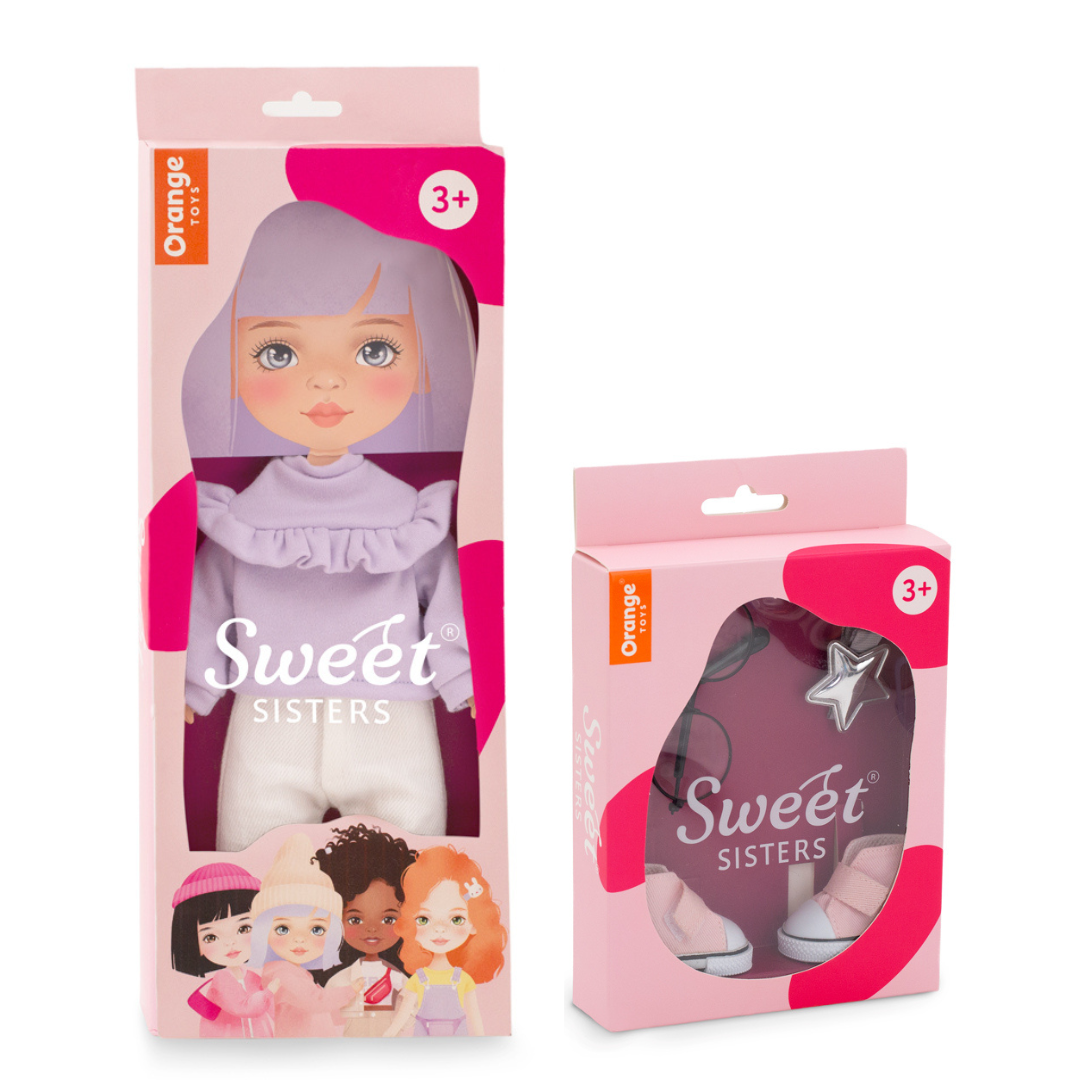 Set Pulover Violet + Accesorii pentru Păpuși Sweet Sisters (32 cm) – Ținută Premium de Joacă