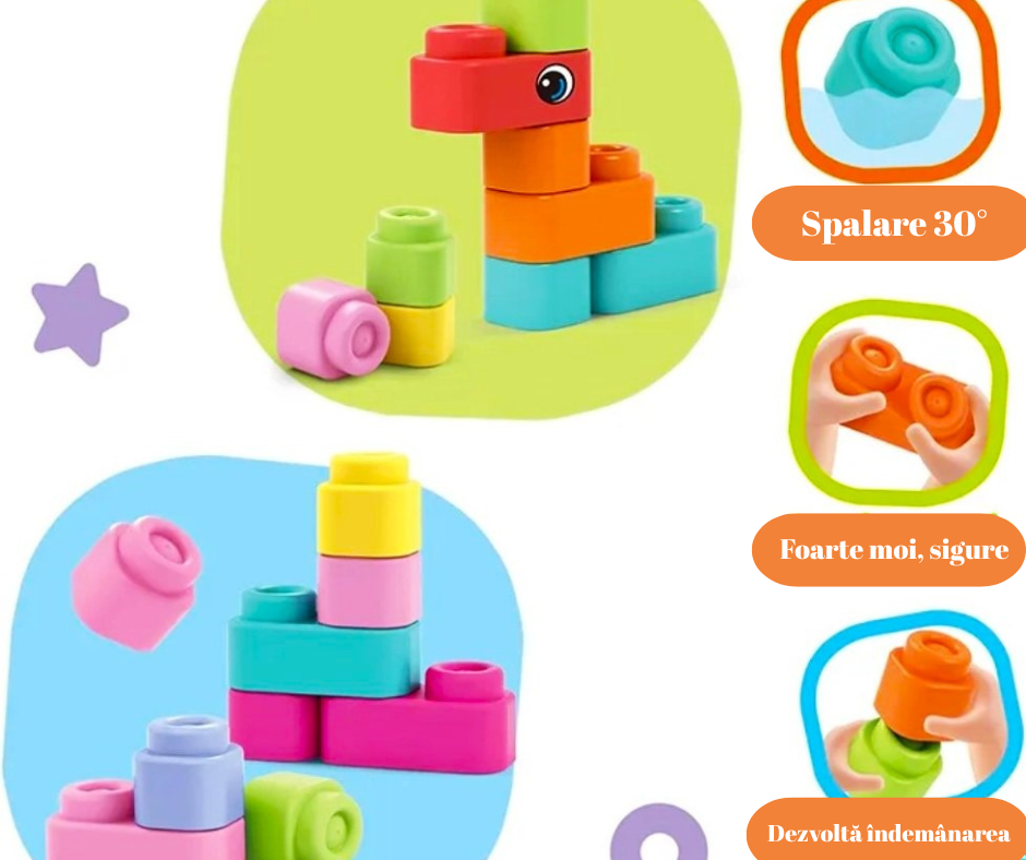 Set cuburi constructii bebelusi, material moale, 13 piese, Joc Creativ și Sigur