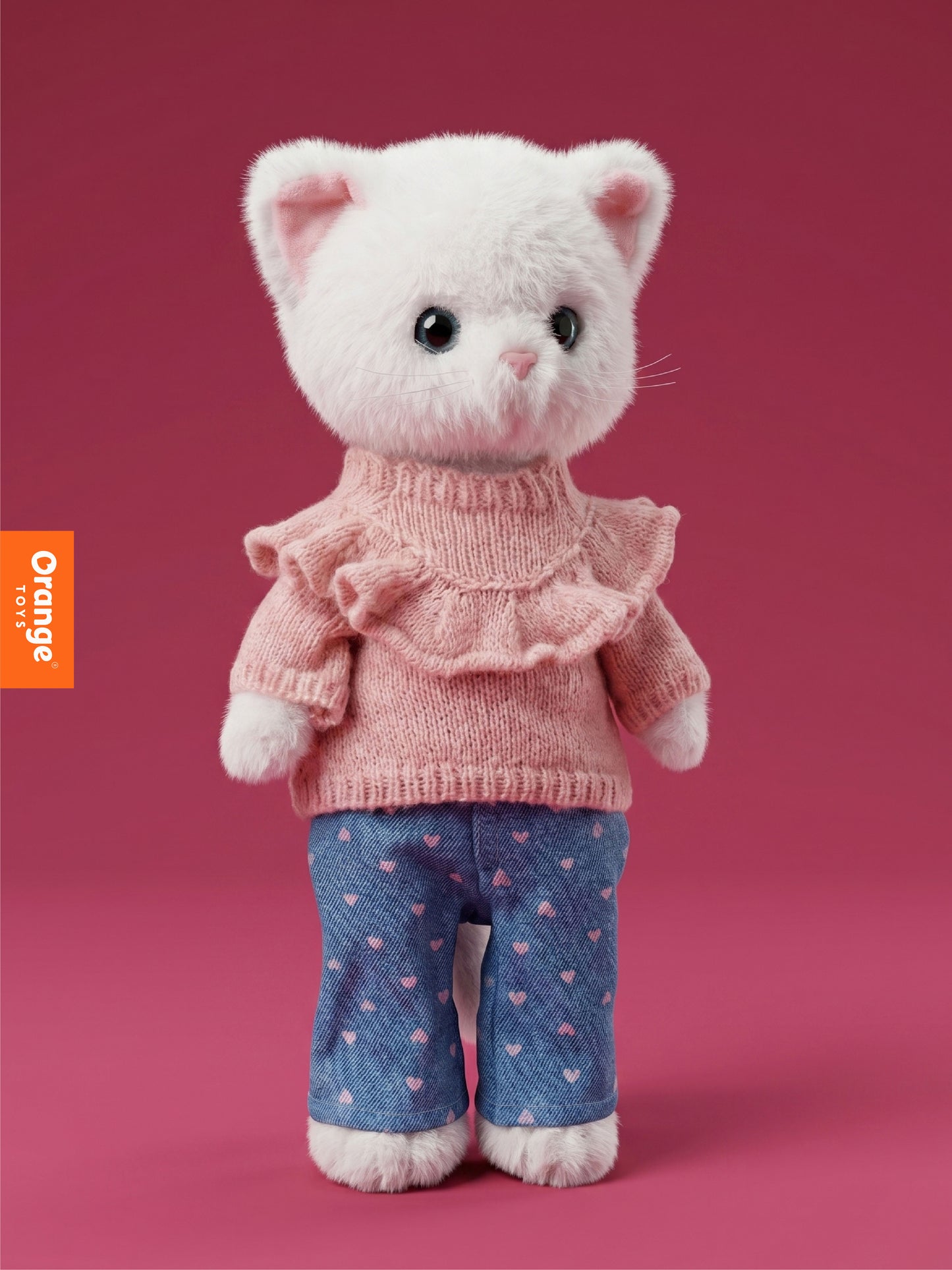 Lucky Kitty Denim Hearts – Pisicuță Premium de Pluş, 38 cm