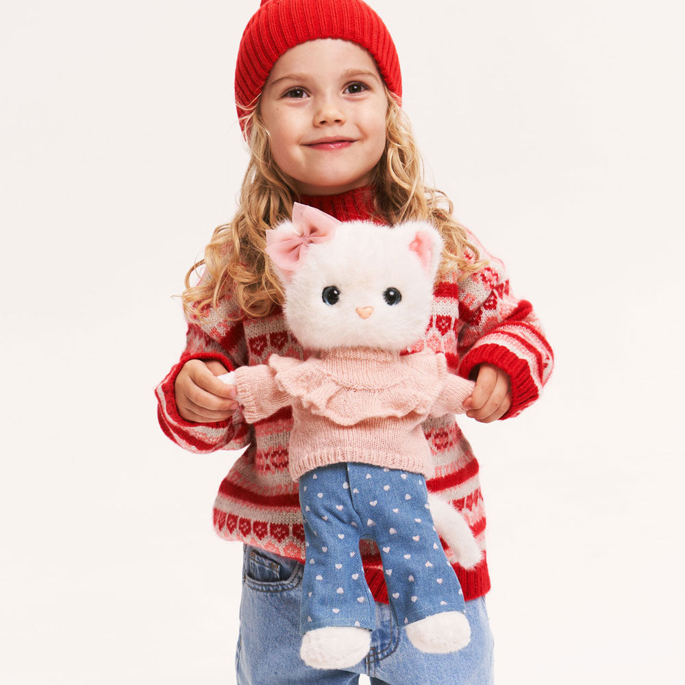 Lucky Kitty Denim Hearts – Pisicuță Premium de Pluş, 38 cm