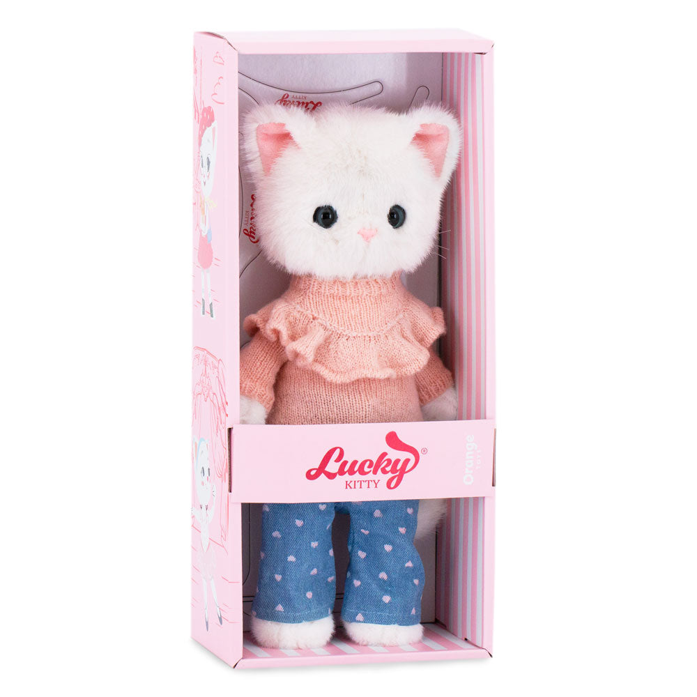 Lucky Kitty Denim Hearts – Pisicuță Premium de Pluş, 38 cm