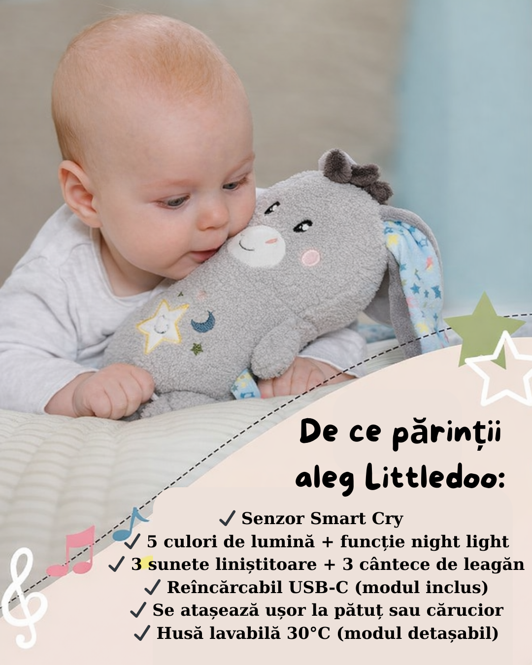 Jucărie calmantă pentru bebeluși, măgarușul Littledoo, în cutie cadou, 25 cm