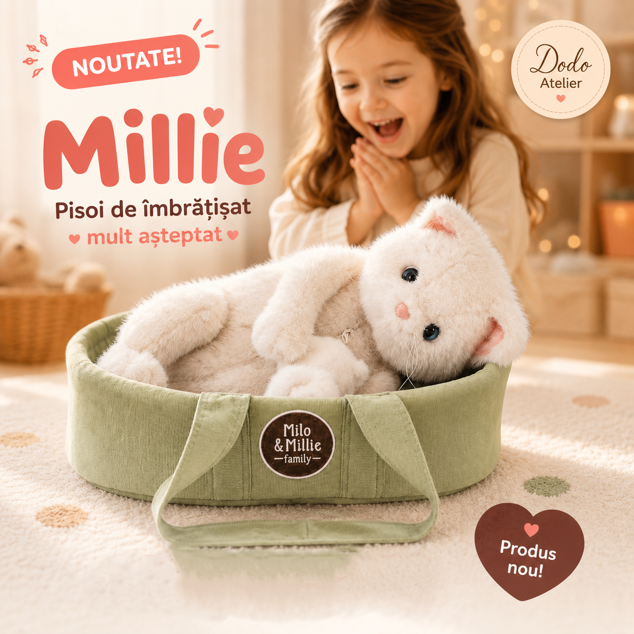 Millie – Pisică de pluș (40 cm) cu pui ascuns și geantă de transport Orange Toys