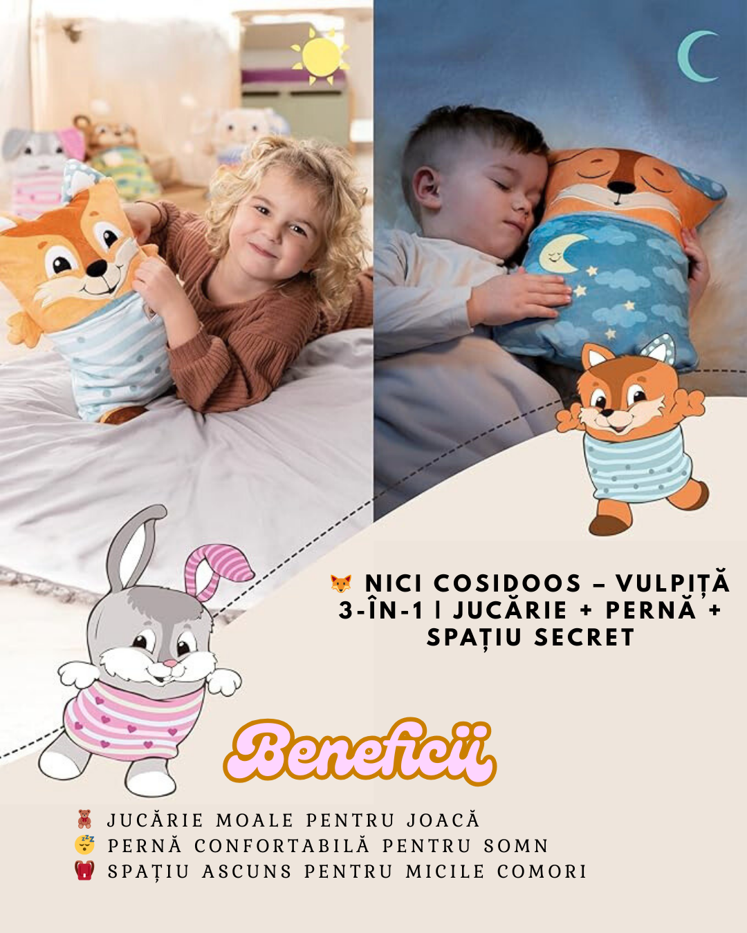 COSIDOOS – Vulpiță 3-în-1 Jucărie Pluș Premium + Pernă + Spațiu Secret