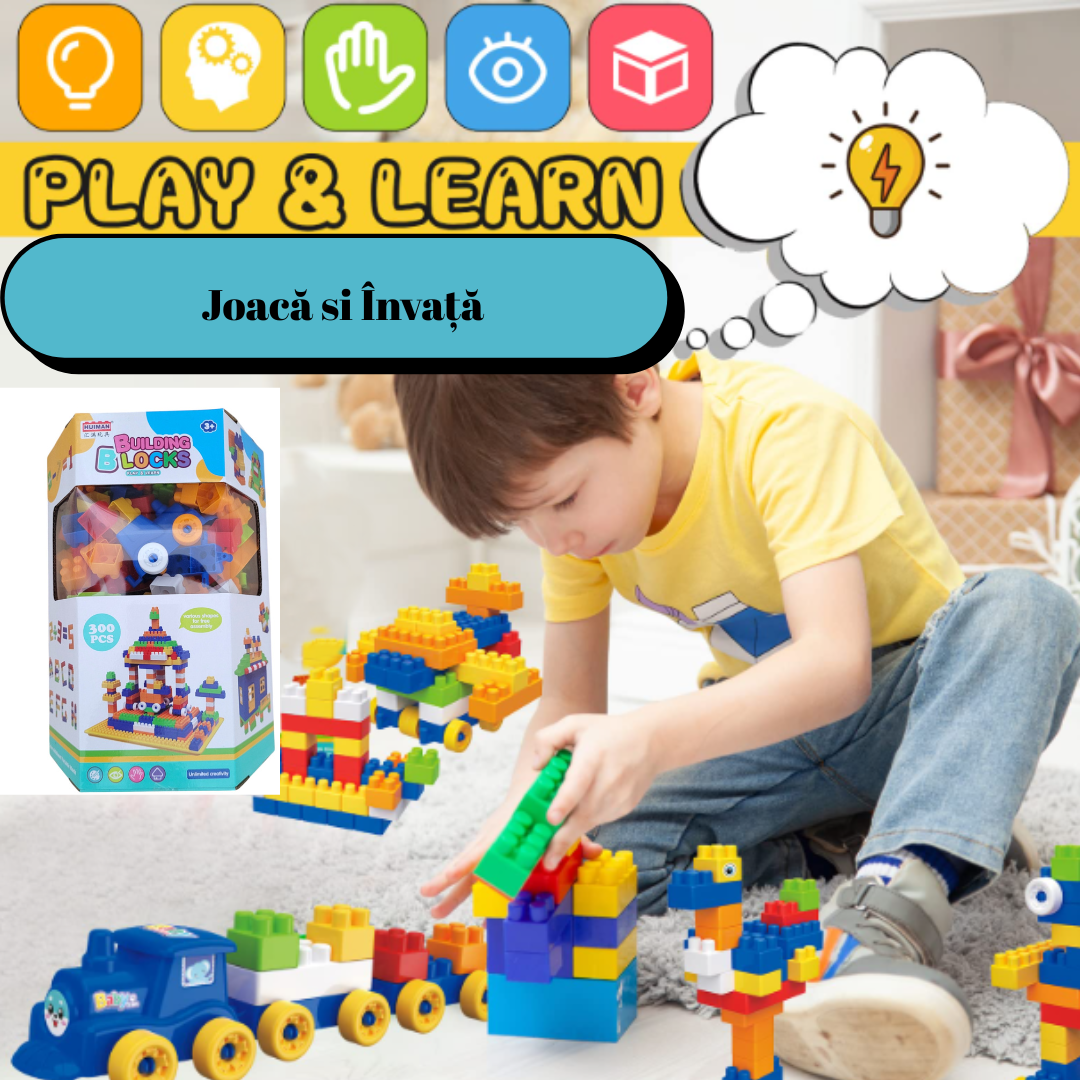 Set Cuburi de Construit, Trenulet si Structuri Creative, 300 piese, multicolor