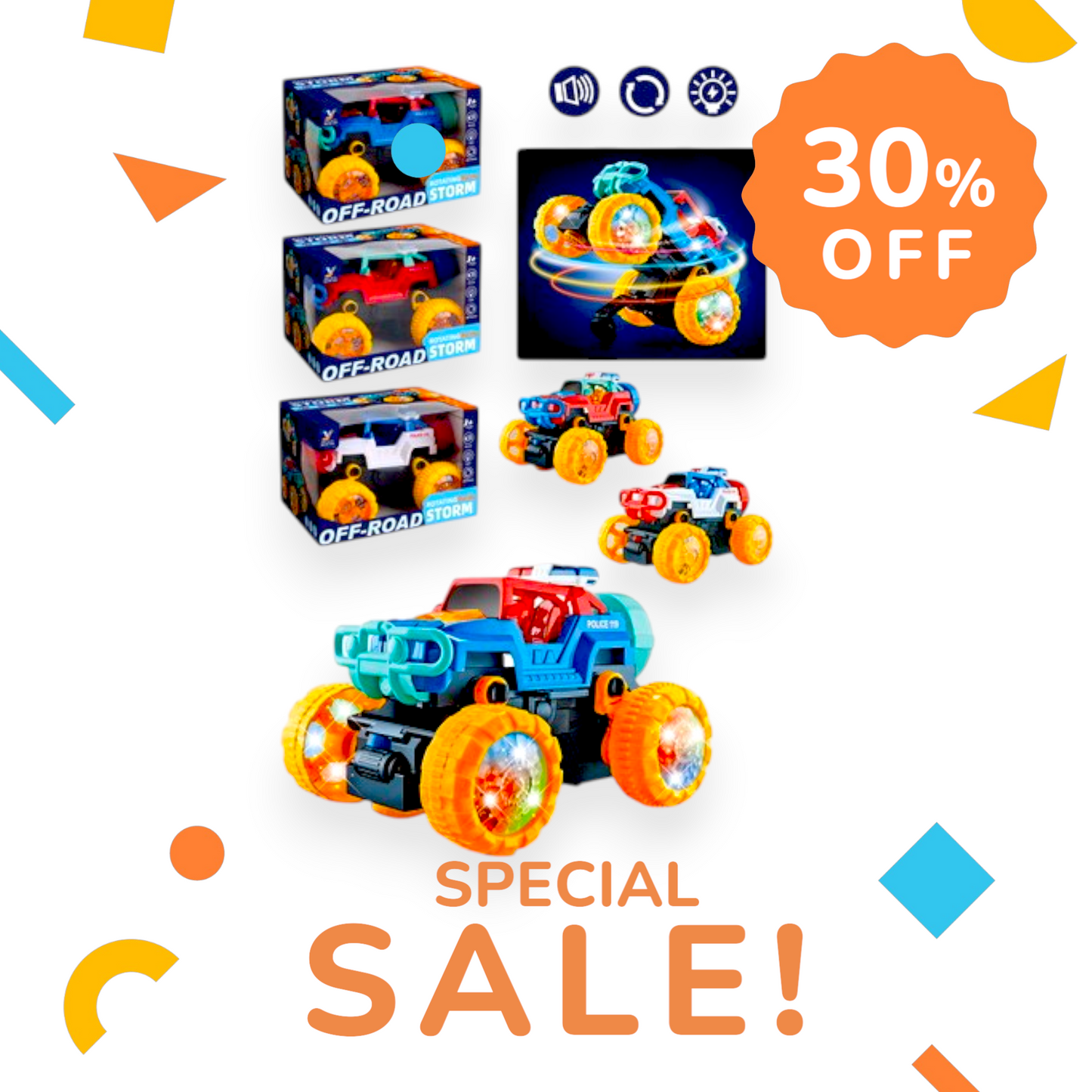 Mașină Muzicală cu Lumini – Jucărie Interactivă care Se Răstoarnă și Se Rotește