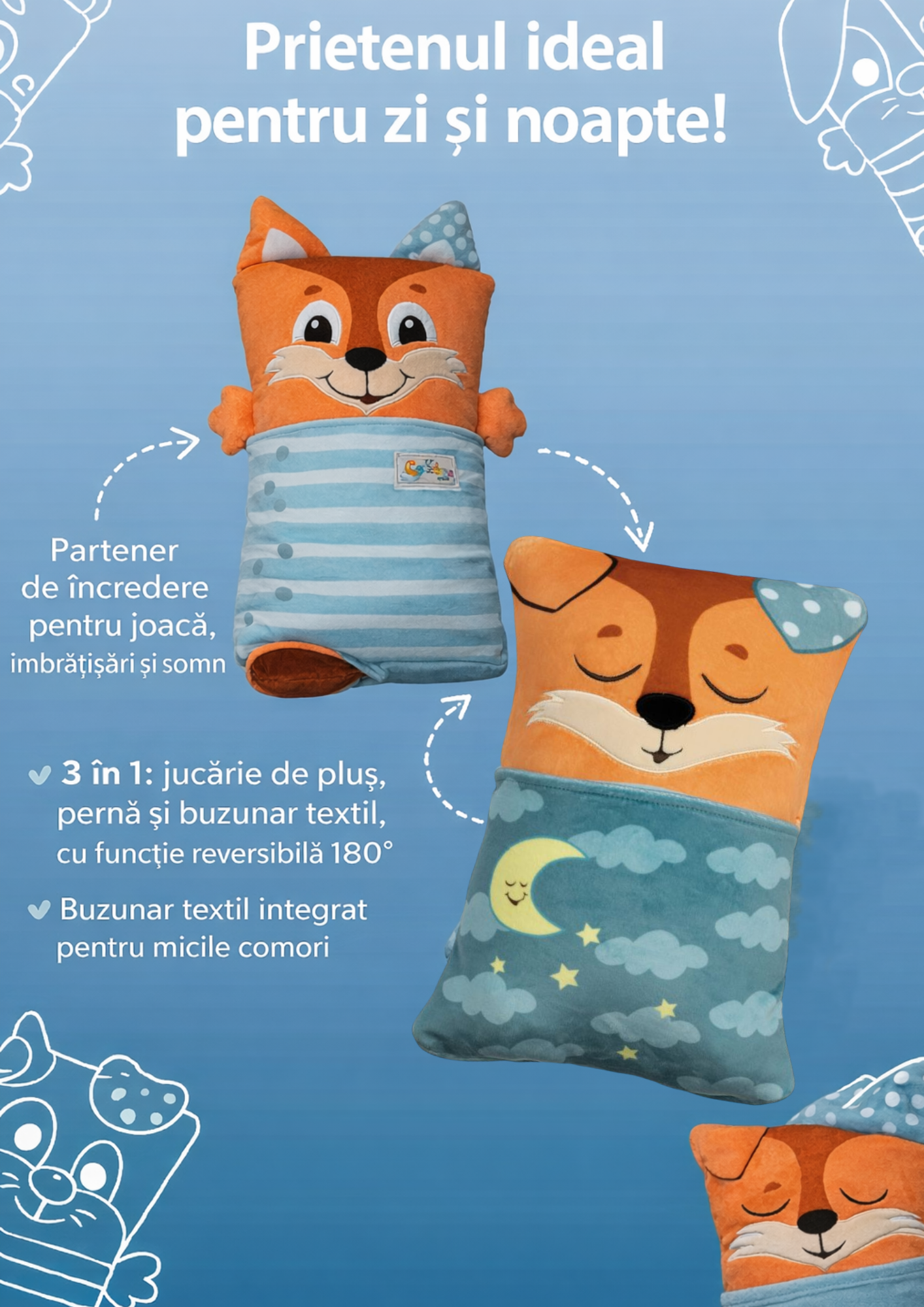 COSIDOOS – Vulpiță 3-în-1 Jucărie Pluș Premium + Pernă + Spațiu Secret