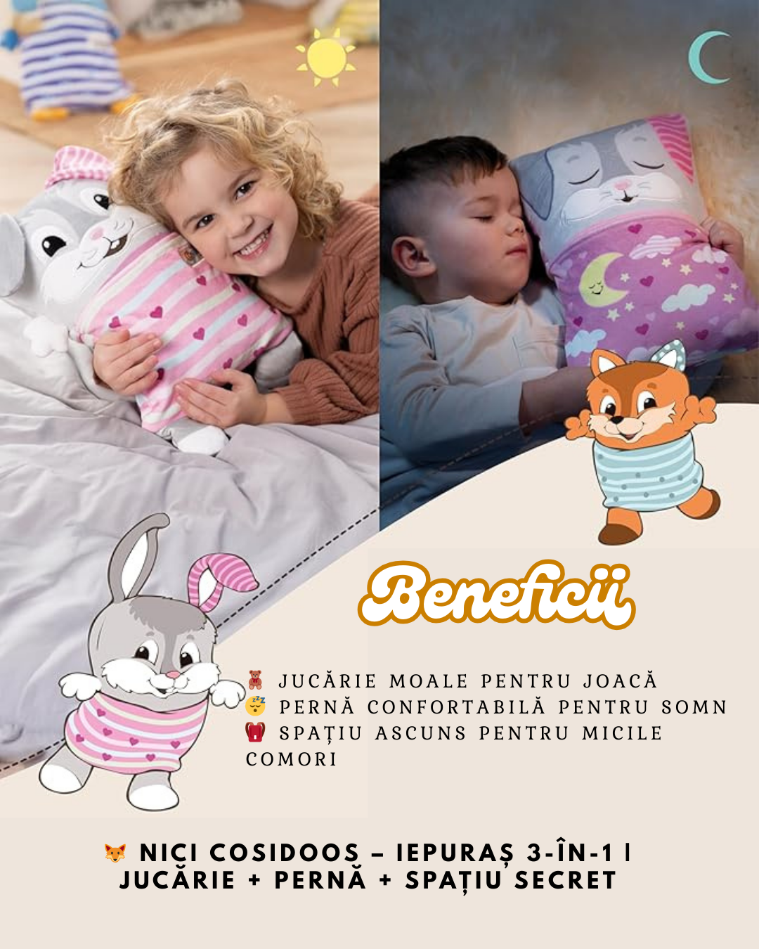 COSIDOOS – Iepuraș 3-în-1 Jucărie Pluș Premium + Pernă + Spațiu Secret