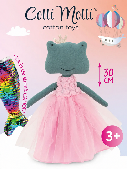 Fiona – Broscuța Premium de Pluș cu rochie roz și BONUS: coadă de sirenă Cotti Motti (30 cm)