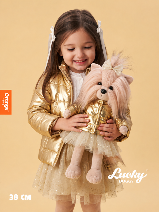 Lucky Yoyo cu Geacă Aurie – Căţeluşă de Pluş Premium Lucky Doggy