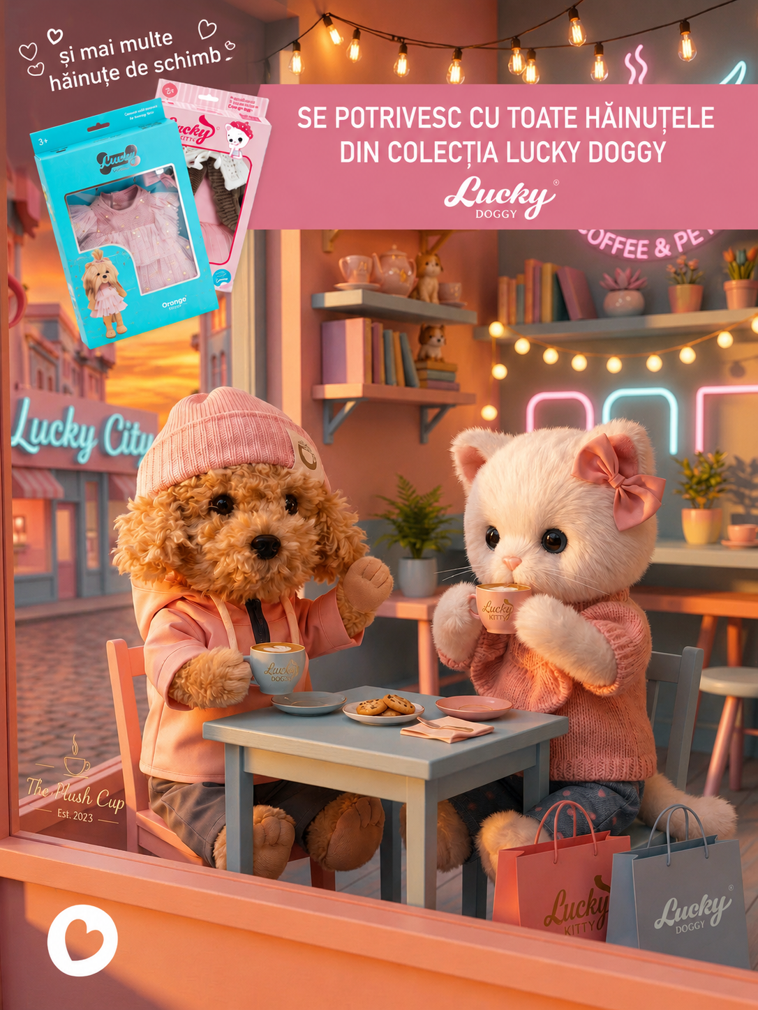 Lucky Kitty Denim Hearts – Pisicuță Premium de Pluş, 38 cm